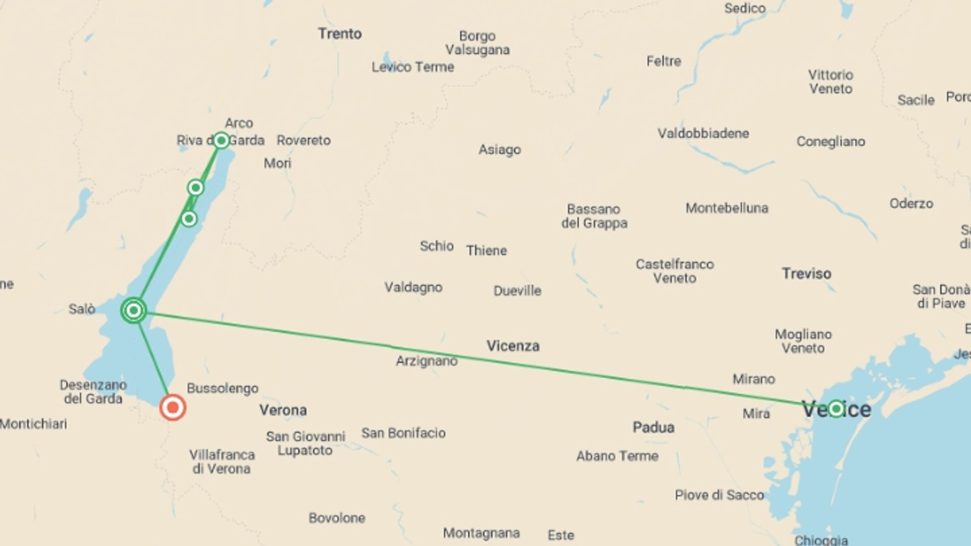 A map showing the tour itinerary for the trip: Garda, Verona & Venice - 8 days, starting in Lake Garda, Italy and ending in Verona, Italy going through 1 other destinations.