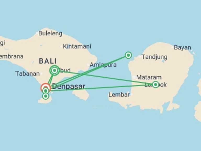 Map of Indonesia Tour with 6 destination visits for the trip: Bali & Gili Adventure 19D/18N