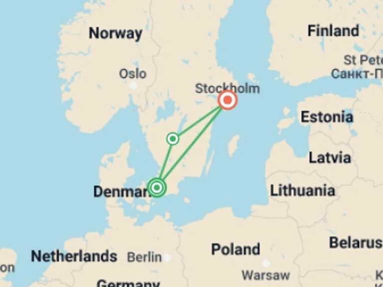 Map of 5-Day Scandinavia Tour with 2 destination visits for the trip: Jewels of Scandinavia