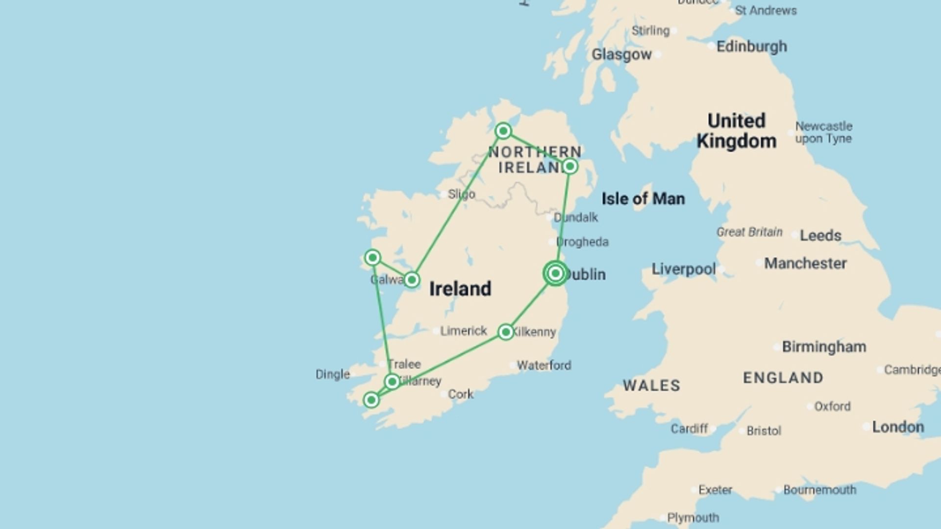 A map showing the tour itinerary for the trip: Irish Experience, starting in Dublin, Ireland and ending in Dublin, Ireland going through 7 other destinations.