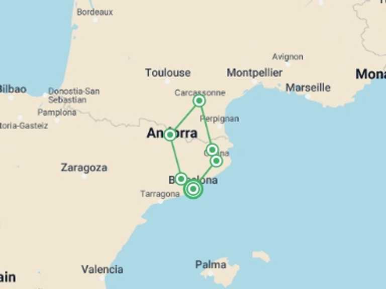 Map of Spain Tour with 3 destination visits for the trip: Catalonia, South of France and Andorra