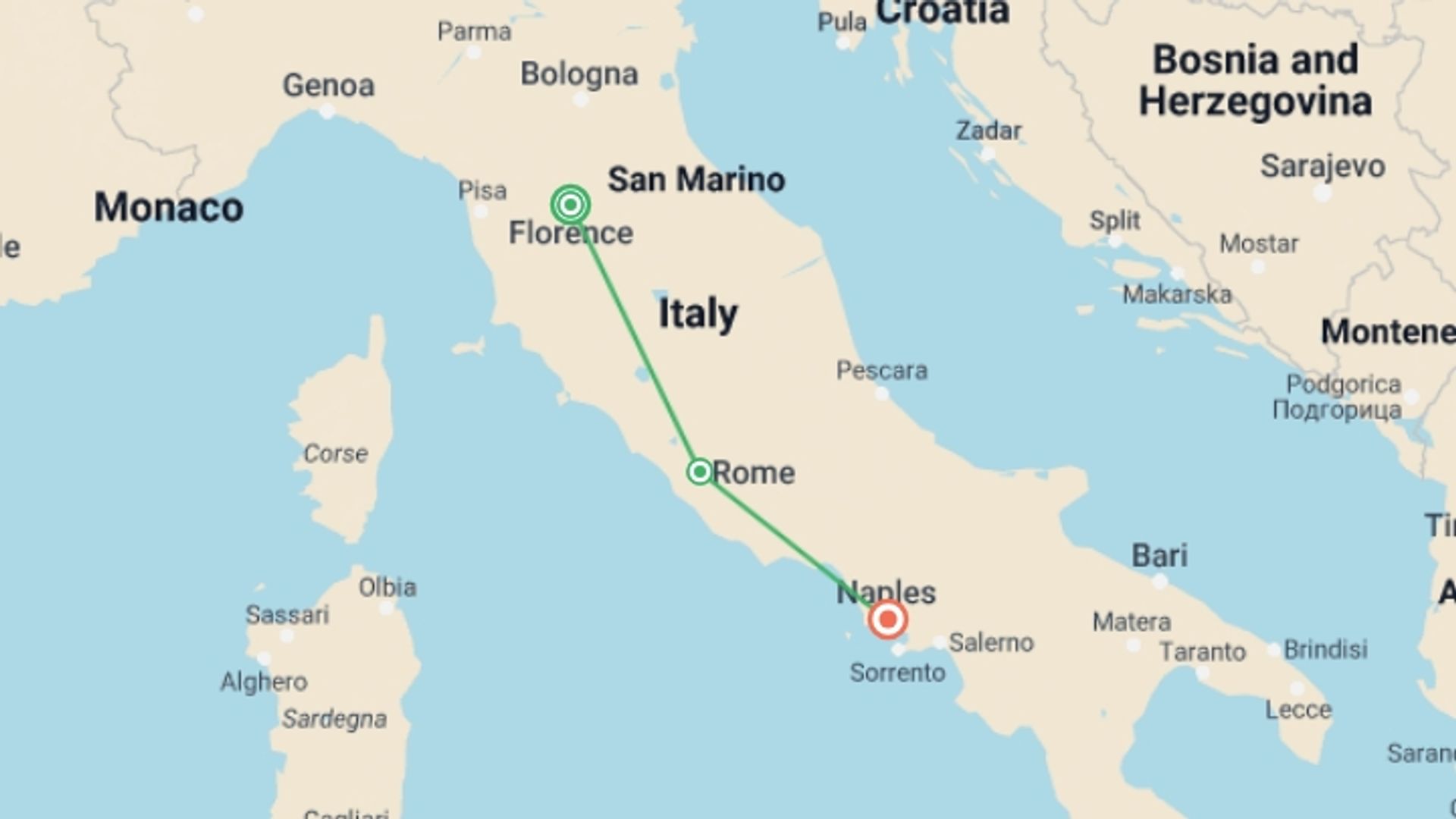 A map showing the tour itinerary for the trip: In The Footsteps Of Caravaggio, Private Tour, starting in Florence, Italy and ending in Naples, Italy going through 1 other destinations.