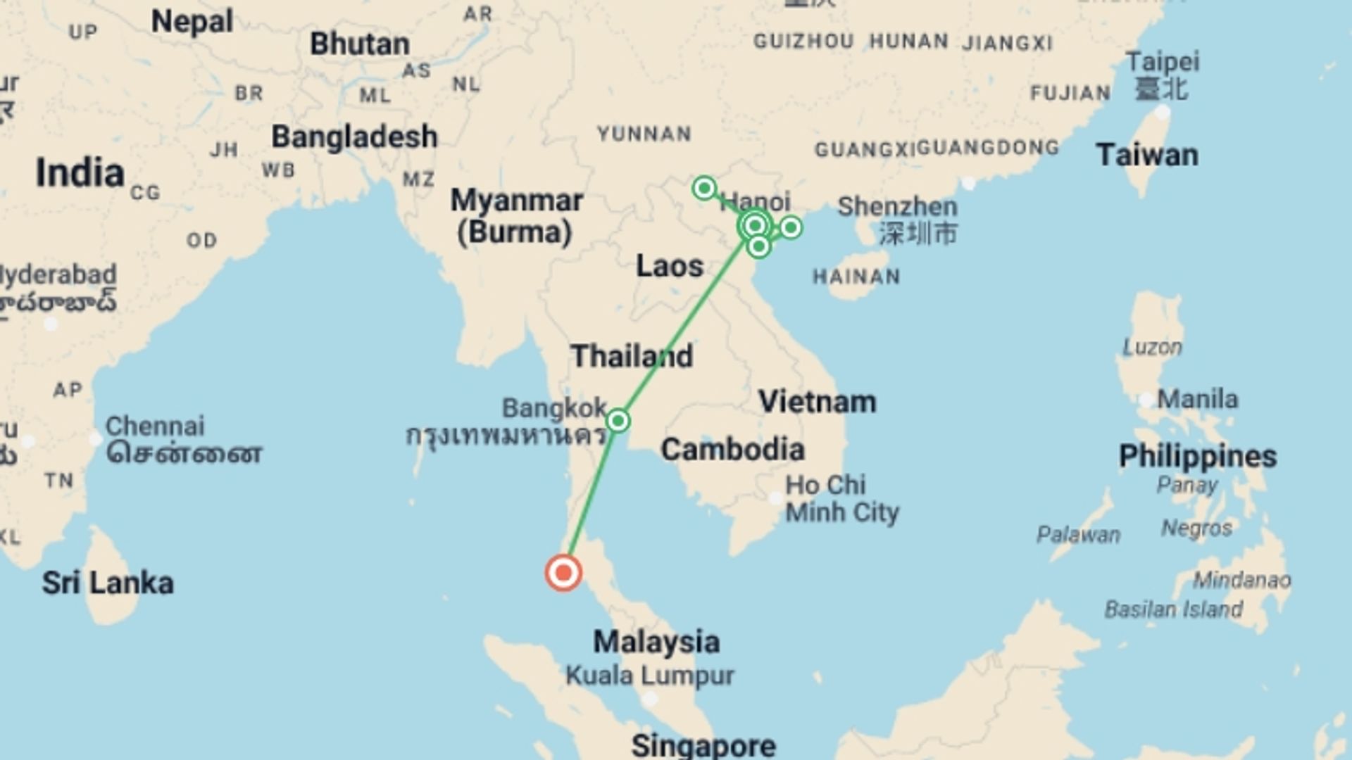 A map showing the tour itinerary for the trip: 14-Day Classic Highlights of Vietnam and Thailand , starting in Hanoi, Vietnam and ending in Phuket, Thailand going through 6 other destinations.