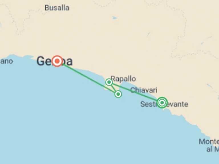 Map itinerary of Italy Tour in August 2027 with 4 destination visits for the trip: Self-Guided Culinary Package - Sestri Levante