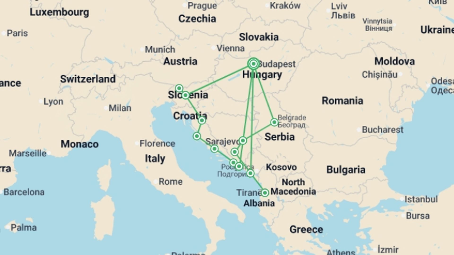 A map showing the tour itinerary for the trip: Best of Balkans, starting in Budapest, Hungary and ending in Budapest, Hungary going through 8 other destinations.