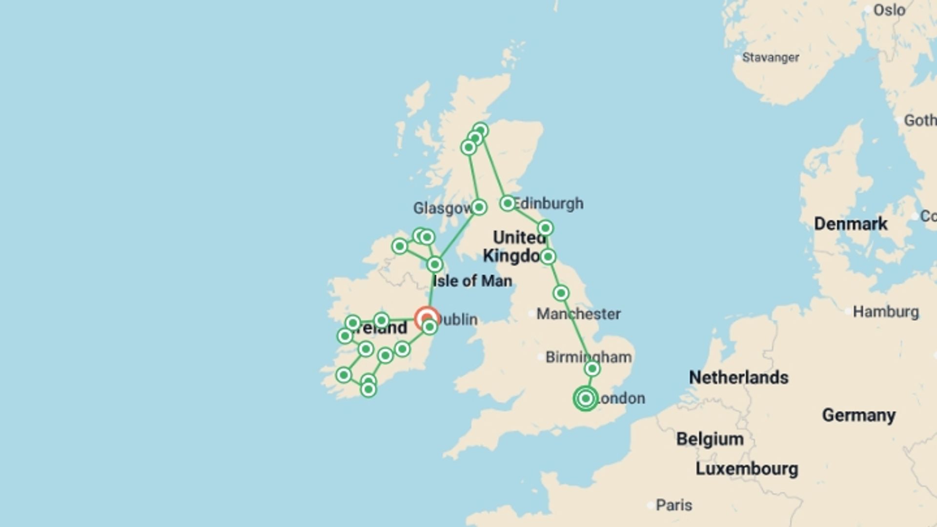 A map showing the tour itinerary for the trip: Great British Route and Ireland from North to South with London, Ending in Dublin, starting in London, England and ending in Dublin, Ireland going through 8 other destinations.