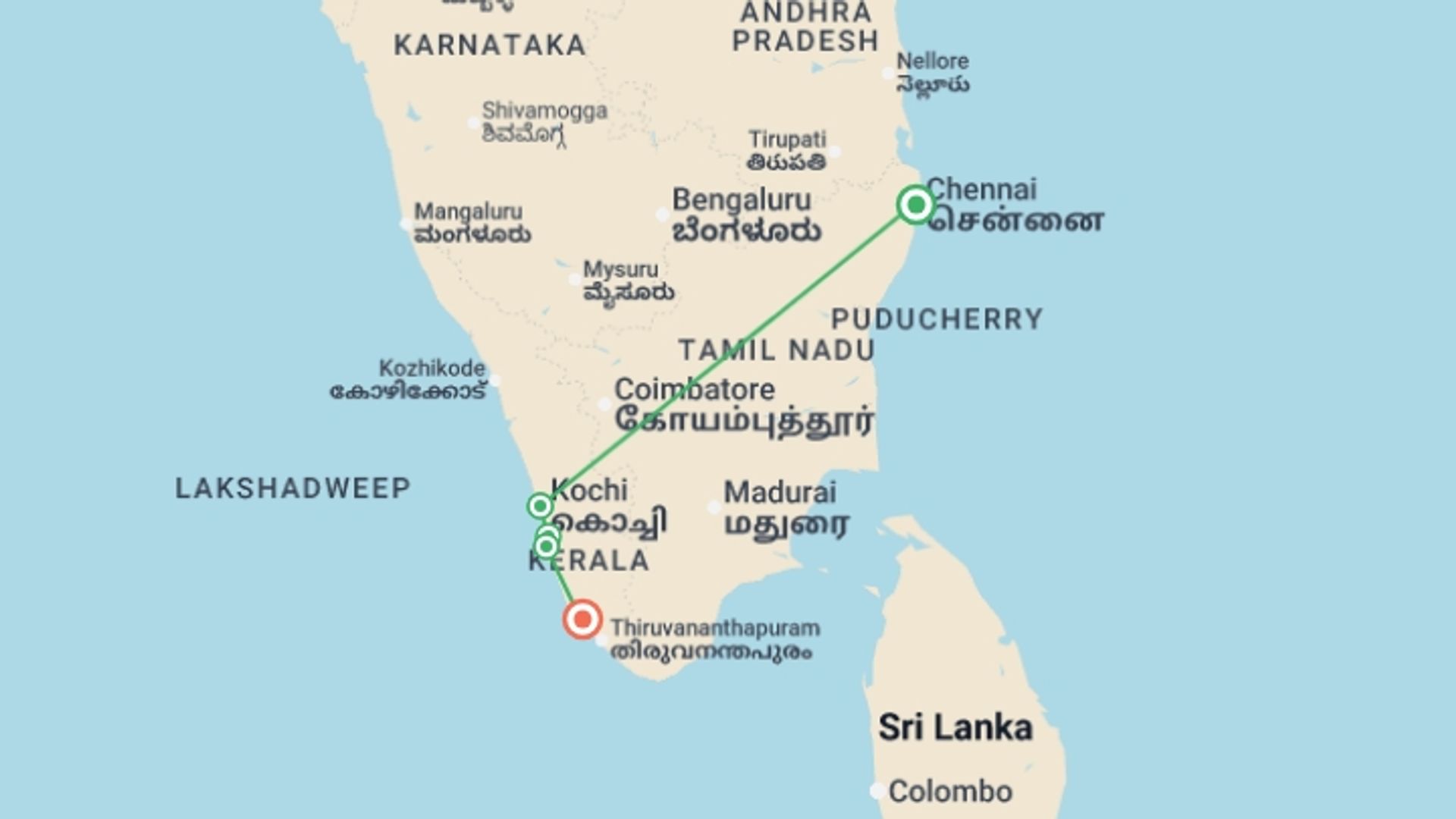 A map showing the tour itinerary for the trip: Cycle the Coast of Kerala, starting in Chennai, India and ending in Varkala, India going through 3 other destinations.