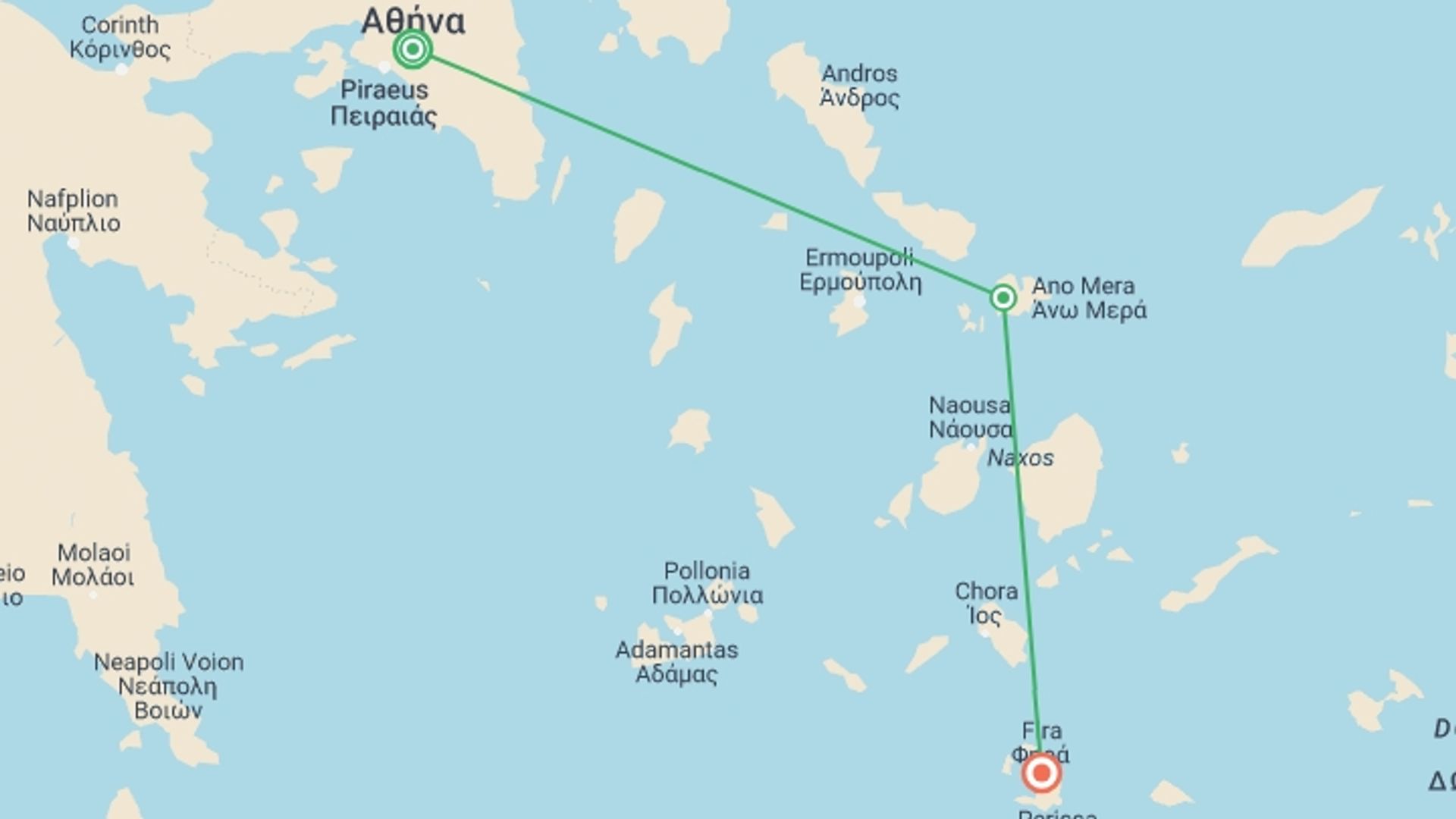 A map showing the tour itinerary for the trip: Athens+2 Island Explorer, starting in Athens, Greece and ending in Santorini, Greece going through 1 other destinations.