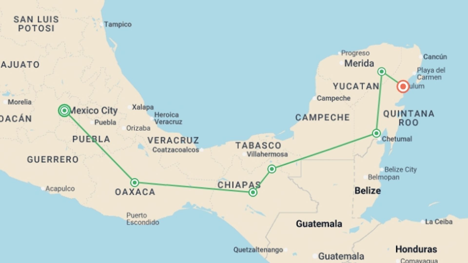 A map showing the tour itinerary for the trip: Viva Mexico: Ancient Ruins & the Mayan Riviera, starting in Mexico City, Mexico and ending in Tulum, Mexico going through 5 other destinations.