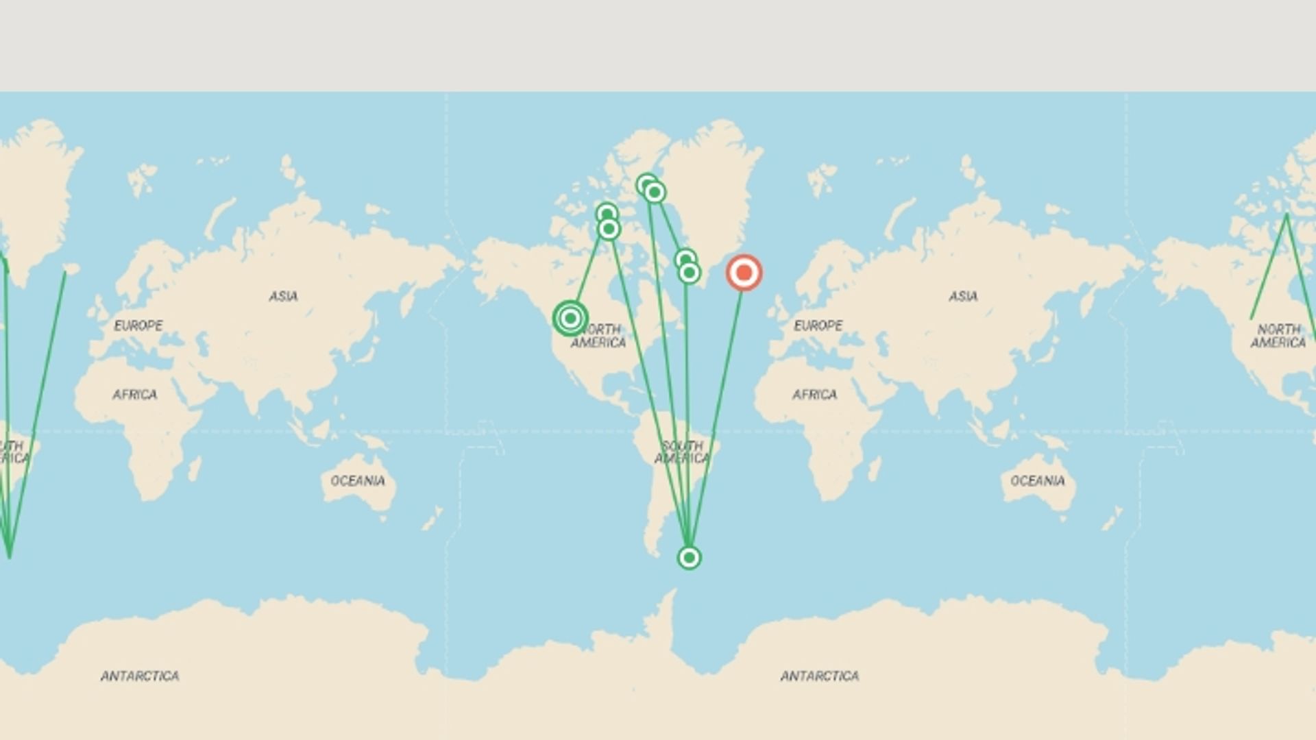 A map showing the tour itinerary for the trip: Northwest Passage: Epic High Arctic, starting in Calgary, Canada and ending in Reykjavik, Iceland going through 8 other destinations.