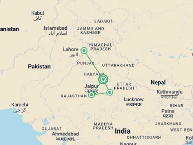 Map of 9-Day New Delhi Tour with 4 destination visits for the trip: Golden Triangle With Amritsar, Supersaver