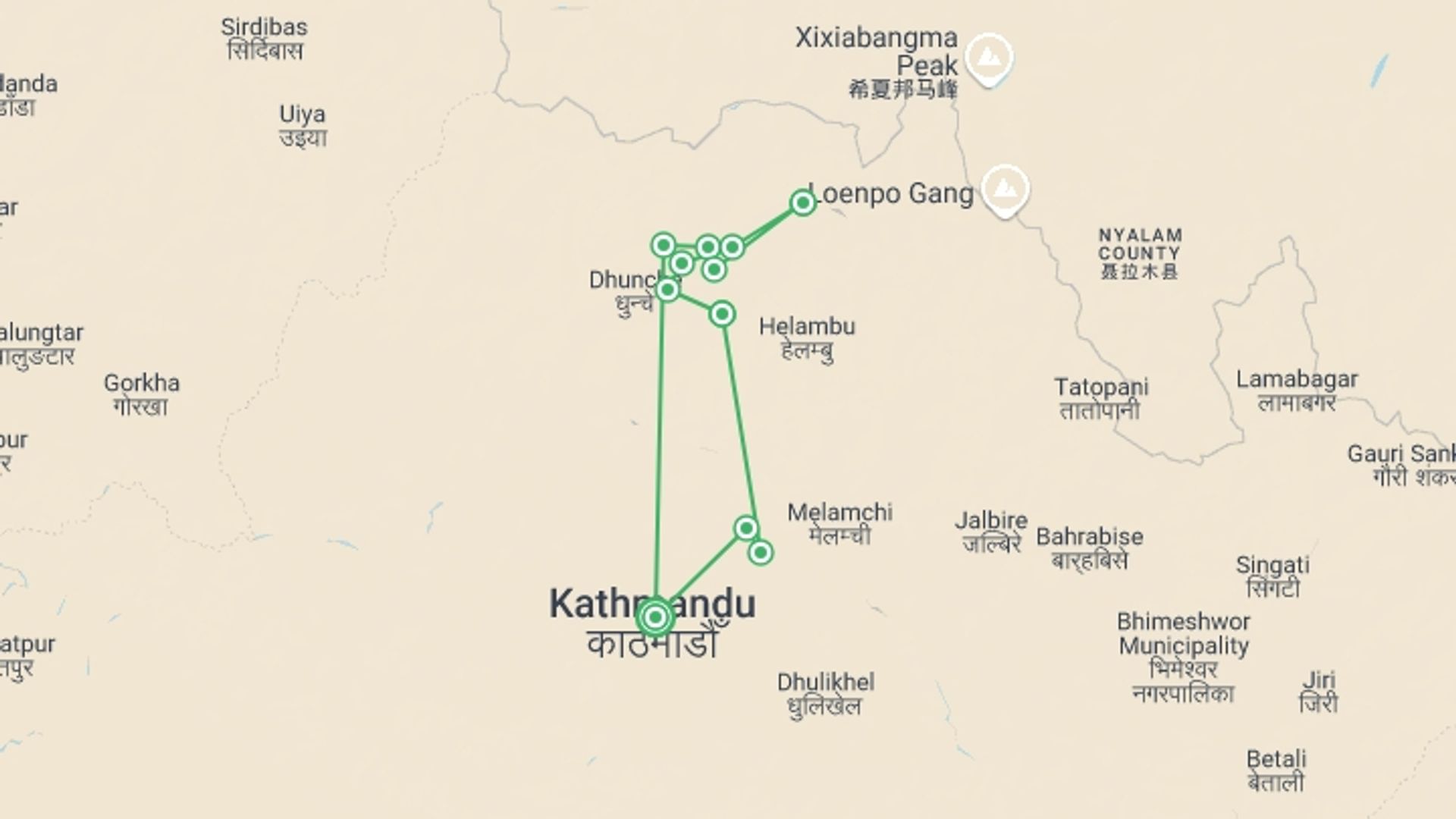 A map showing the tour itinerary for the trip: Langtang, Gosainkund and Helambu Trek, starting in Kathmandu, Nepal and ending in Kathmandu, Nepal going through 10 other destinations.
