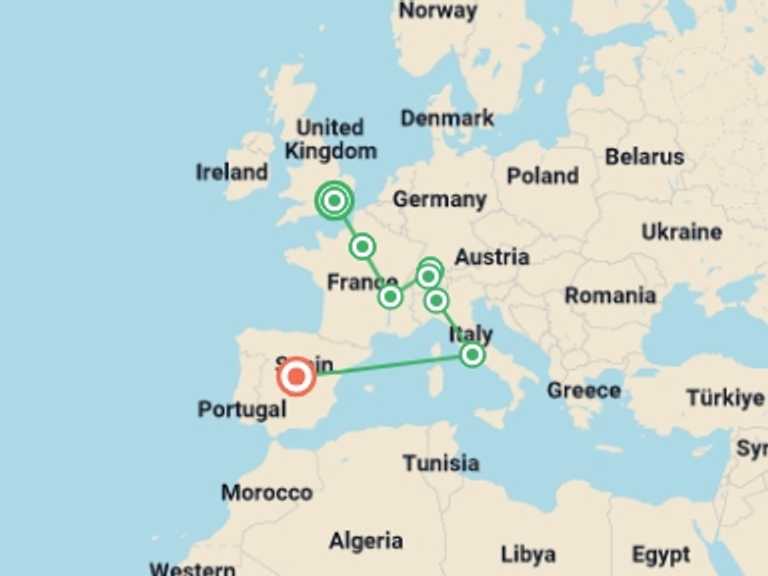 Map of Zurich City sightseeing Tour with 7 destination visits for the trip: Spectacular Europe