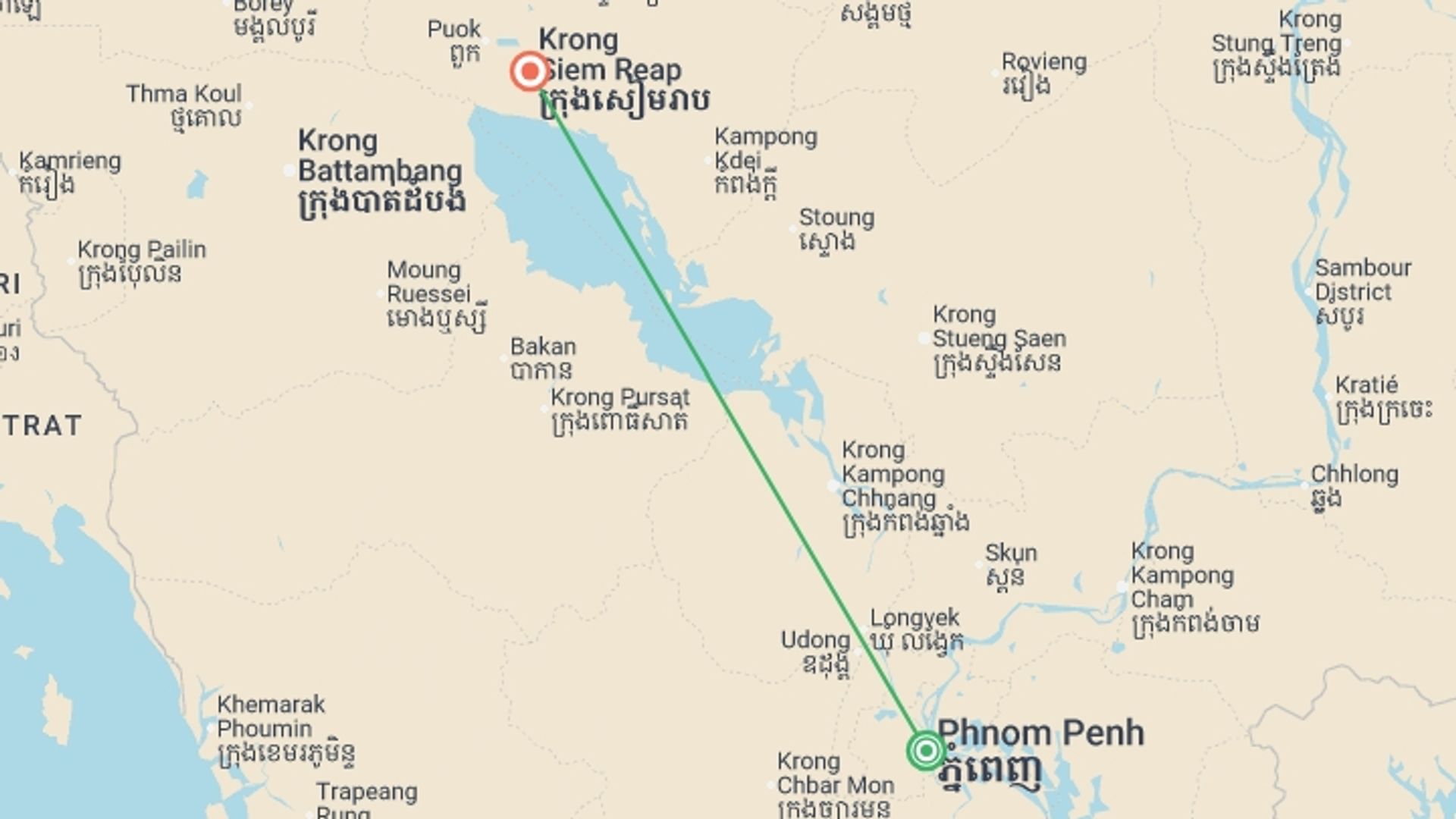 A map showing the tour itinerary for the trip: Cambodia Highlights Small Group Tour, starting in Phnom Penh, Cambodia and ending in Siem Reap, Cambodia going through 0 other destinations.