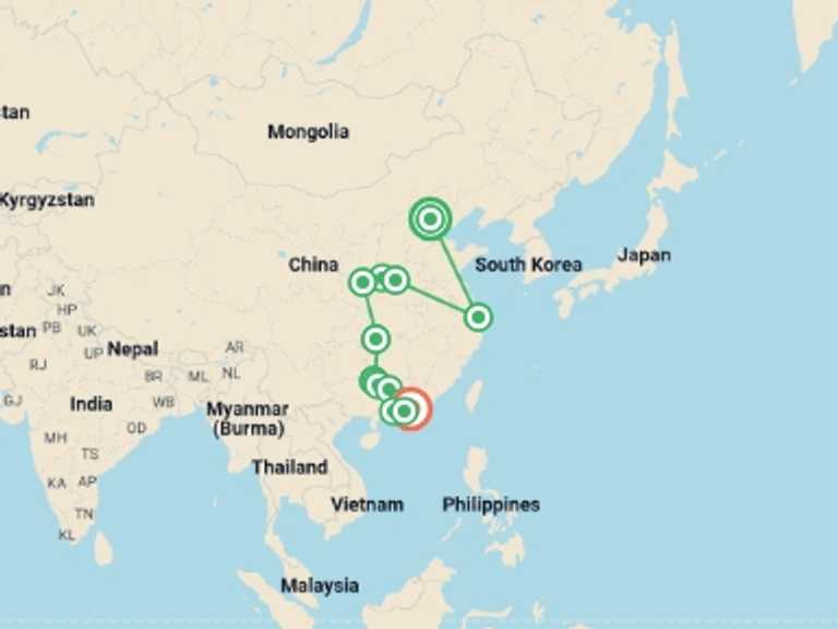 Map of Asia Tour with 9 destination visits for the trip: North and South China with the Avatar Trail
