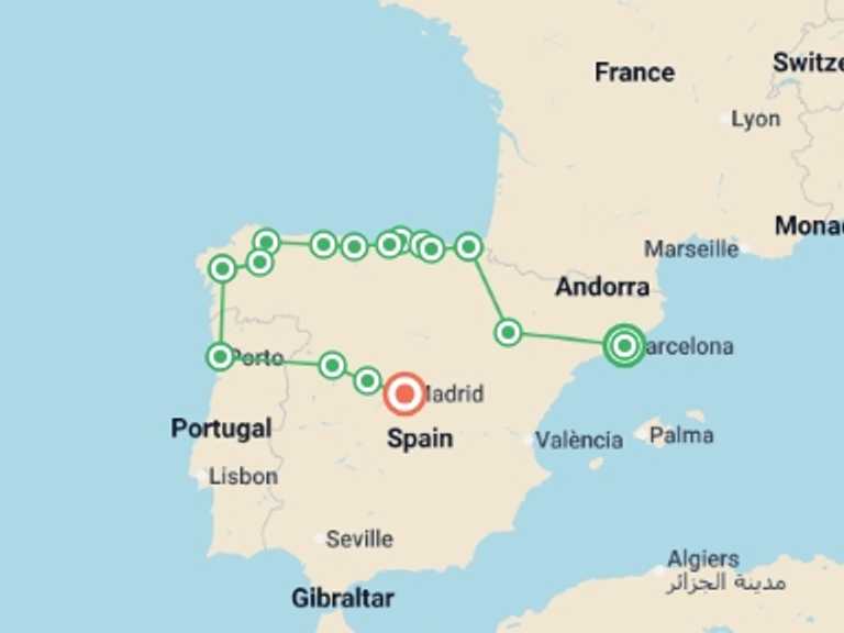 Map of Spain Tour with 8 destination visits for the trip: Barcelona, Galicia, Porto & Madrid - 13 days