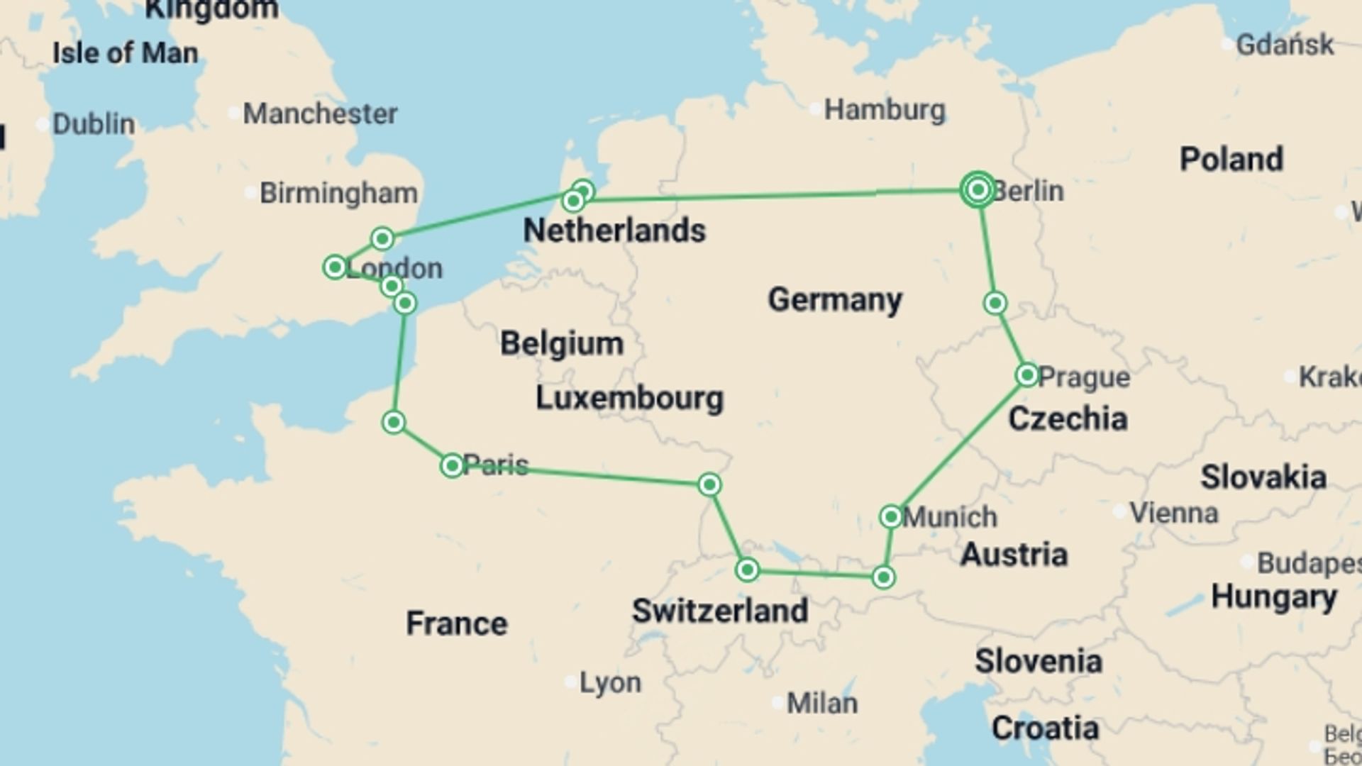 A map showing the tour itinerary for the trip: Vibrant Cities, starting in Berlin, Germany and ending in Berlin, Germany going through 8 other destinations.