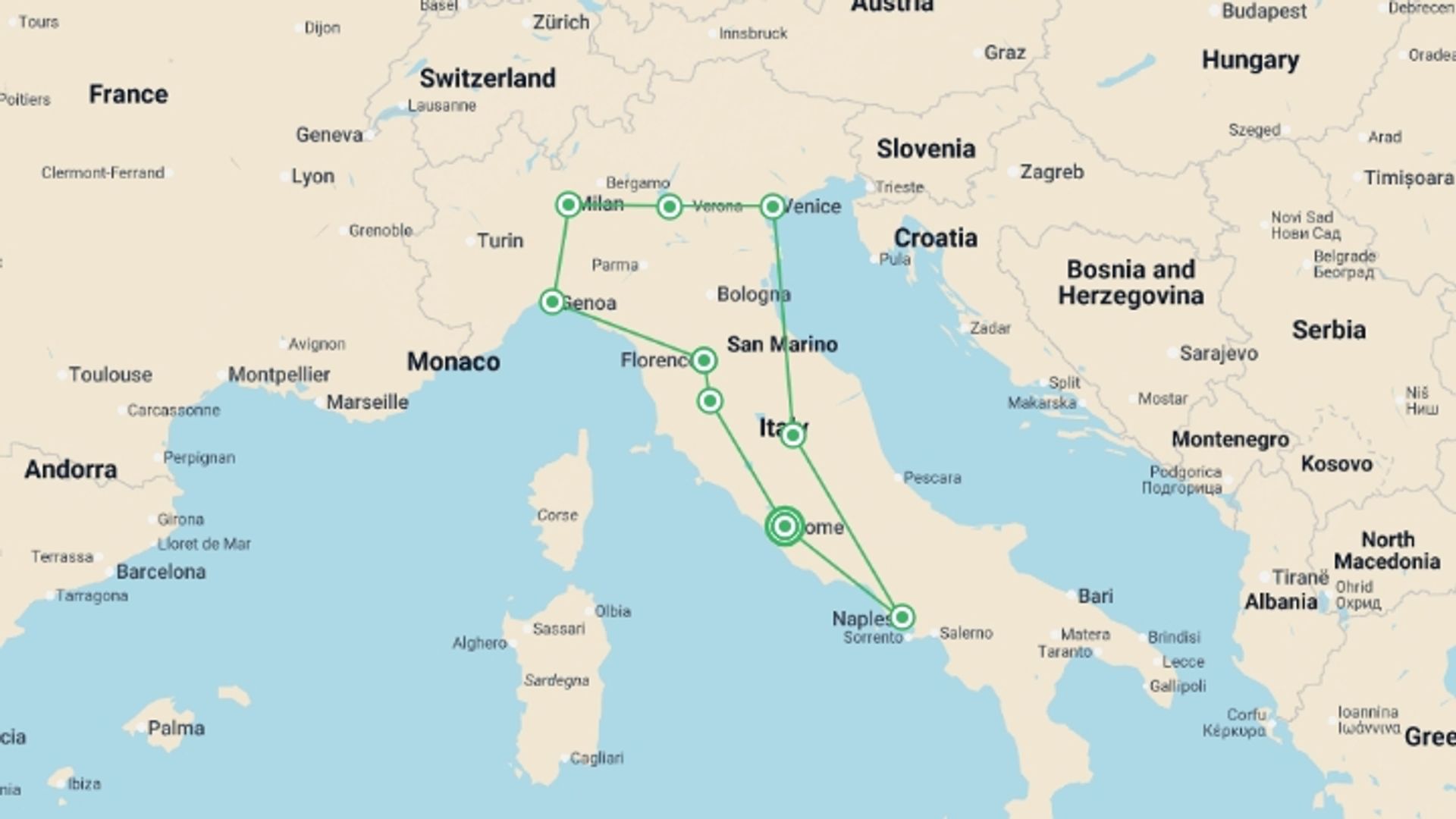 A map showing the tour itinerary for the trip: Golden Italy and Beautiful Campania, starting in Rome, Italy and ending in Rome, Italy going through 8 other destinations.