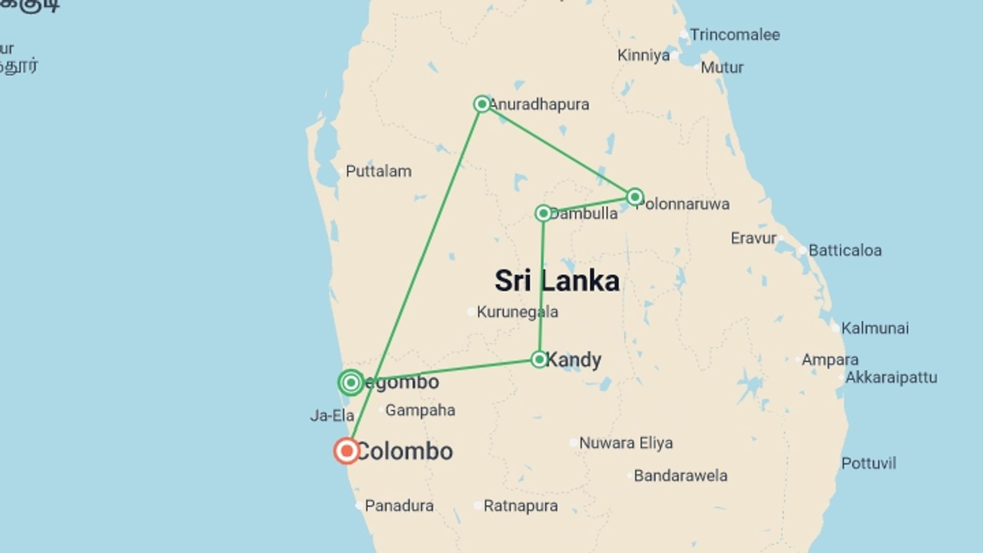 A map showing the tour itinerary for the trip: Sri Lanka Heritage by Bicycle, starting in Negombo, Sri Lanka and ending in Colombo, Sri Lanka going through 5 other destinations.
