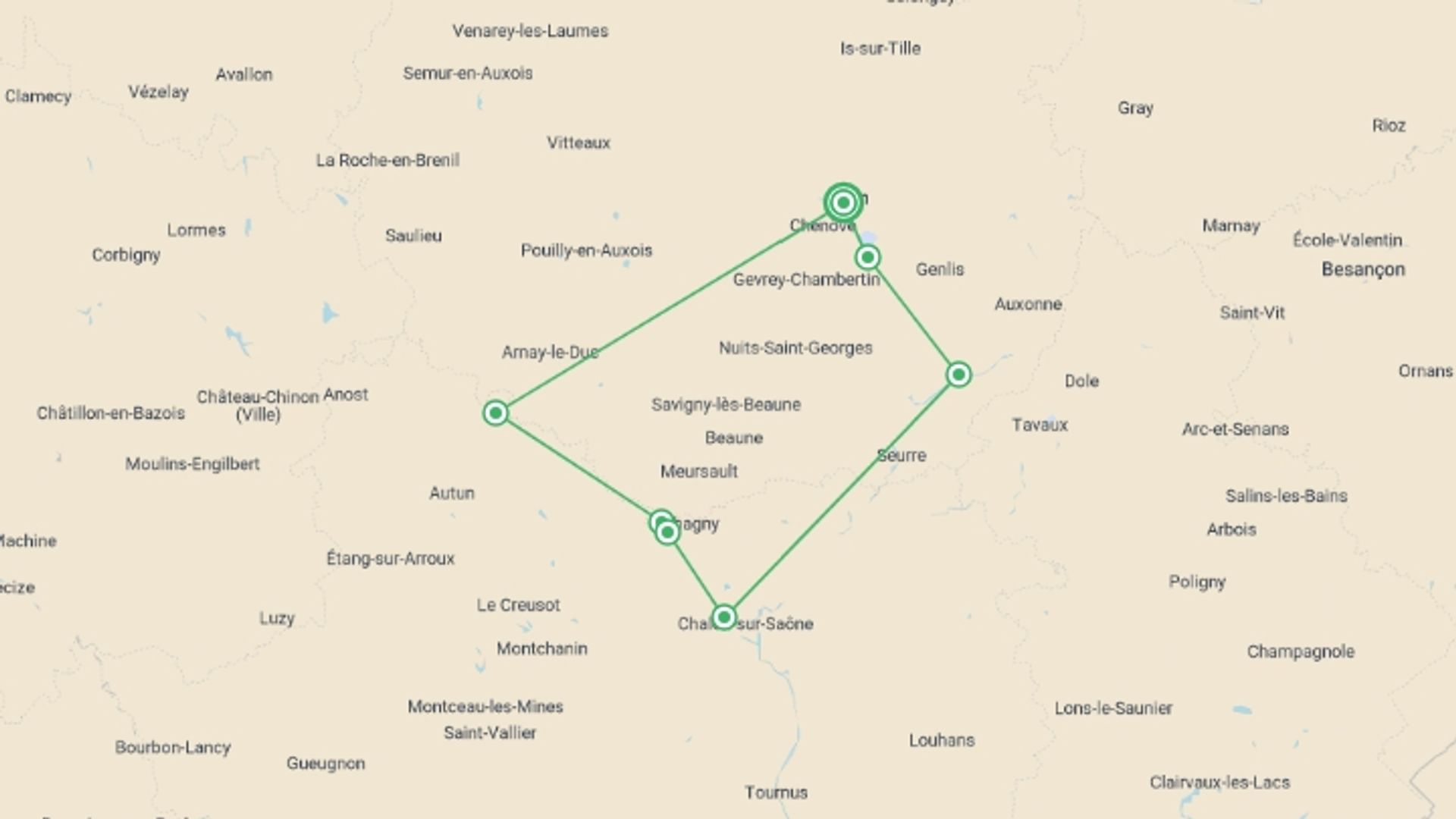 A map showing the tour itinerary for the trip: Fine Food and Wines on a Cruise through the Burgundy Region (port-to-port cruise), starting in Dijon, France and ending in Dijon, France going through 5 other destinations.
