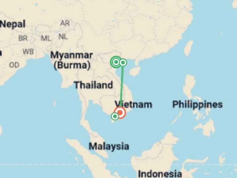Map itinerary of Vietnam Tour in July 2026 with 4 destination visits for the trip: Simply Vietnam - 7 days