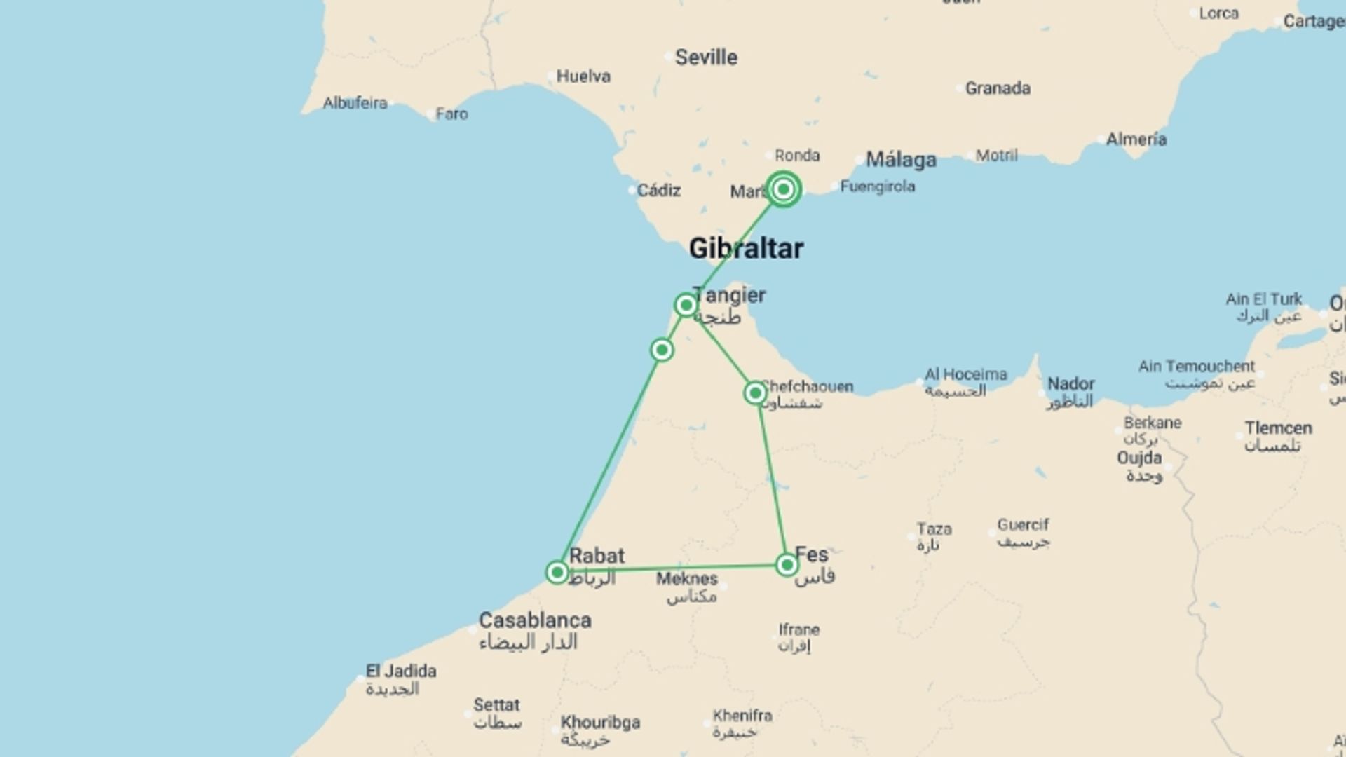 A map showing the tour itinerary for the trip: Costa del Sol to Rabat & Fes - 4 days, starting in Costa del Sol, Spain and ending in Costa del Sol, Spain going through 3 other destinations.