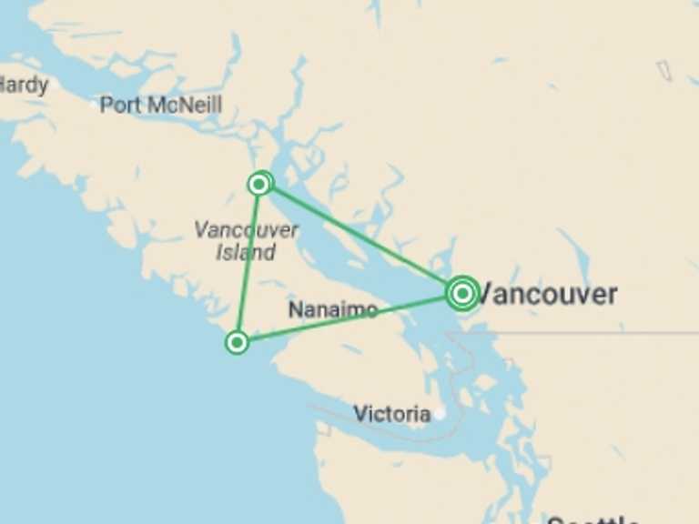 Map of Canada Tour with 4 destination visits for the trip: Whales & Bears of British Columbia