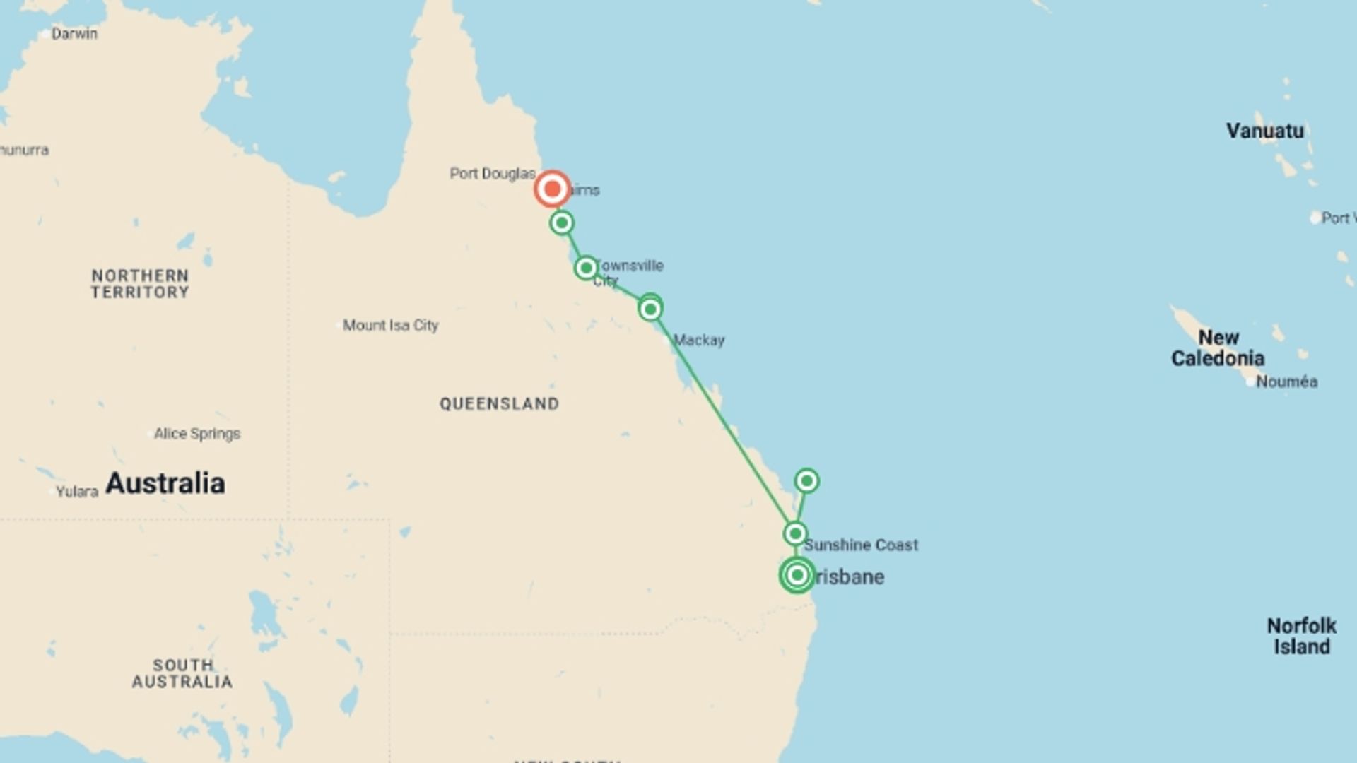 A map showing the tour itinerary for the trip: Oz East Coast 20 + Work, starting in Brisbane, Australia and ending in Cairns, Australia going through 6 other destinations.