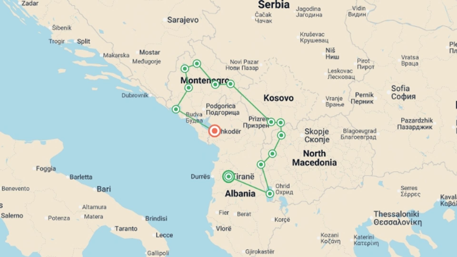 A map showing the tour itinerary for the trip: Cycle the Balkans, starting in Tirana, Albania and ending in Shkoder, Albania going through 13 other destinations.