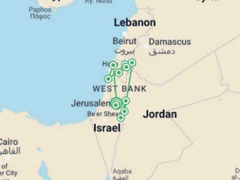 Map itinerary of Jordan Tour in June 2026 with 6 destination visits for the trip: Classical Israel Tour Package, 6 Days From Jerusalem