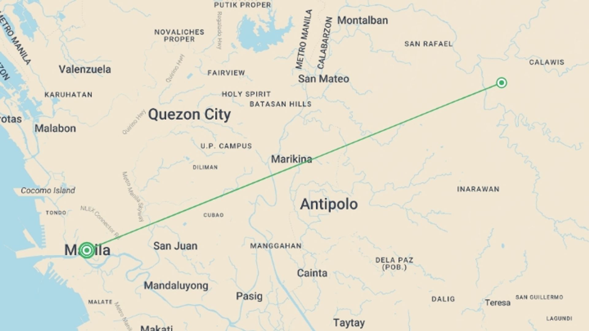 A map showing the tour itinerary for the trip: Manila: Jungle Treks, Delicious Bites & City Sights, starting in Manila, Philippines and ending in Manila, Philippines going through 1 other destinations.