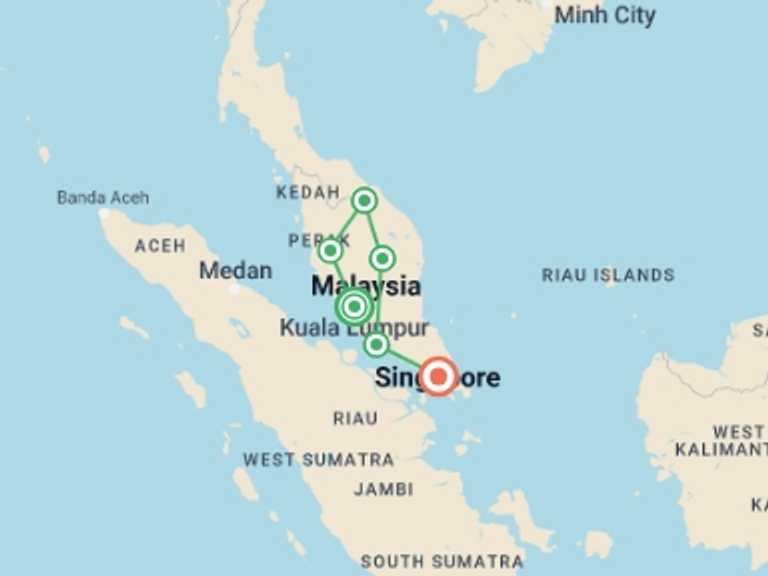 Map of Kuala Lumpur Explorer Tour with 6 destination visits for the trip: Malaysia's Jungle Railway Adventure
