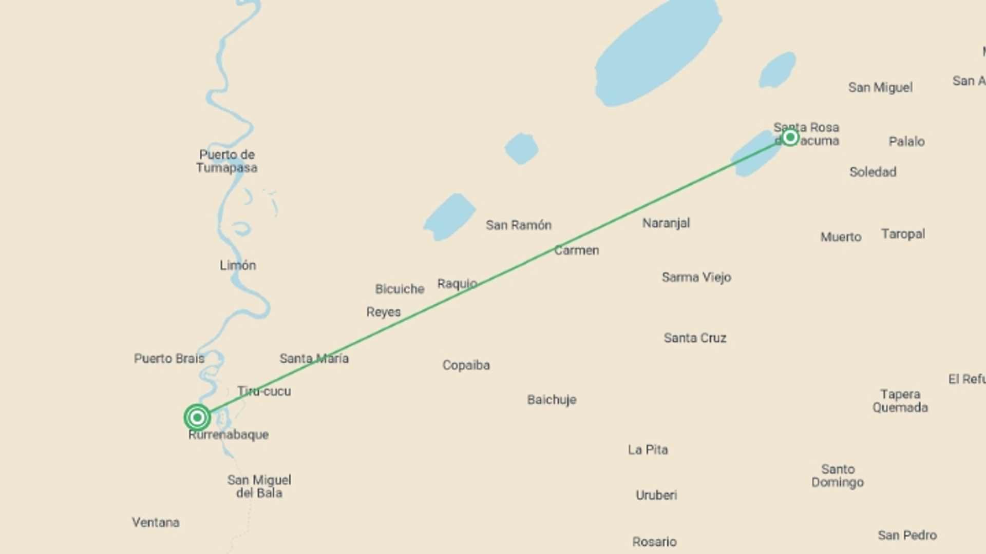 A map showing the tour itinerary for the trip: Bolivian Amazon Pampas Adventure 4D/3N (from Rurrenabaque), starting in Rurrenabaque, Bolivia and ending in Rurrenabaque, Bolivia going through 1 other destinations.
