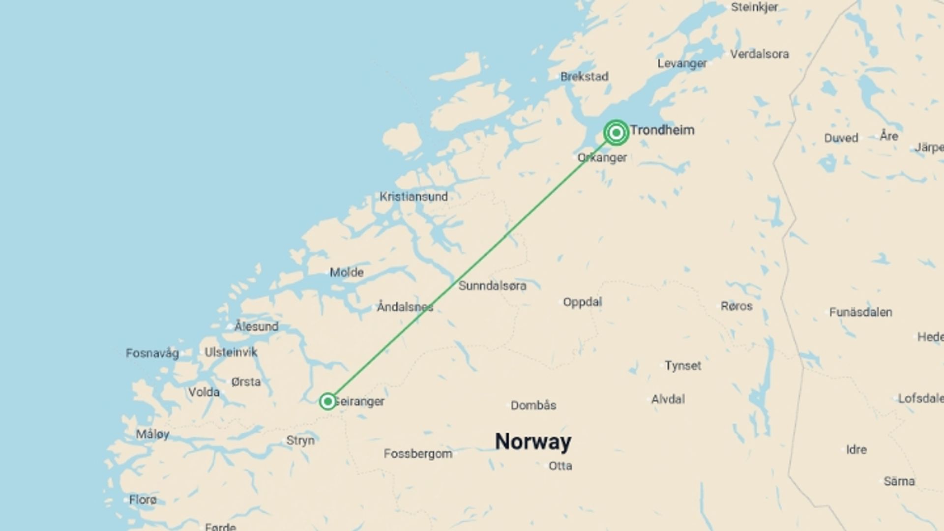 A map showing the tour itinerary for the trip: Signature Norway | Where Fjords Meet Sky, starting in Trondheim, Norway and ending in Trondheim, Norway going through 1 other destinations.