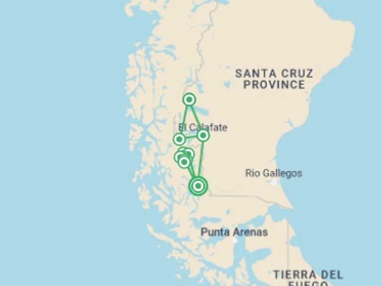 Map itinerary of Chile Tour in March 2026 with 14 destination visits for the trip: Patagonia Active Trekking Trip