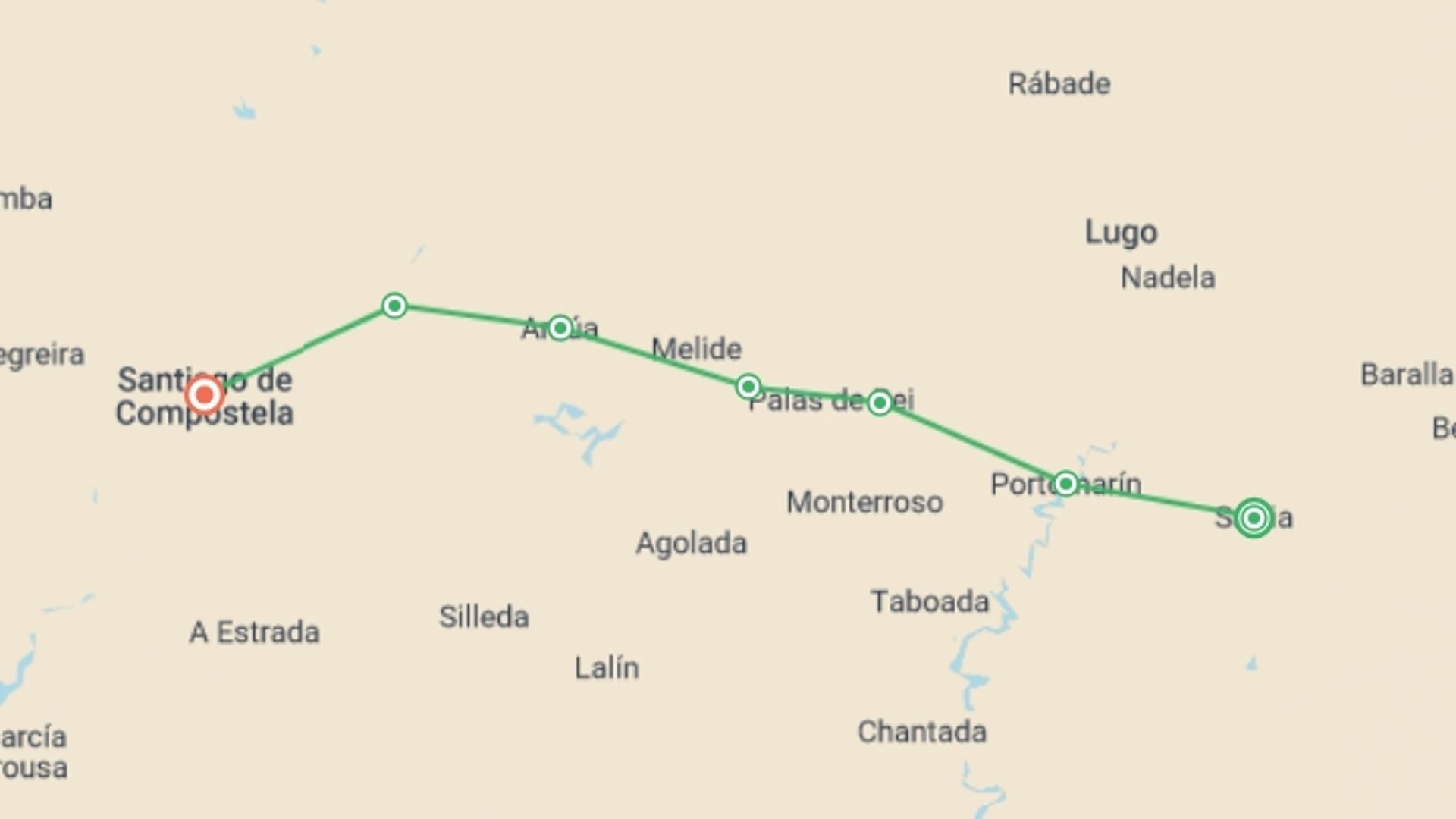 A map showing the tour itinerary for the trip: Highlights of the Camino de Santiago Walk, starting in Sarria, Spain and ending in Santiago De Compostela, Spain going through 5 other destinations.