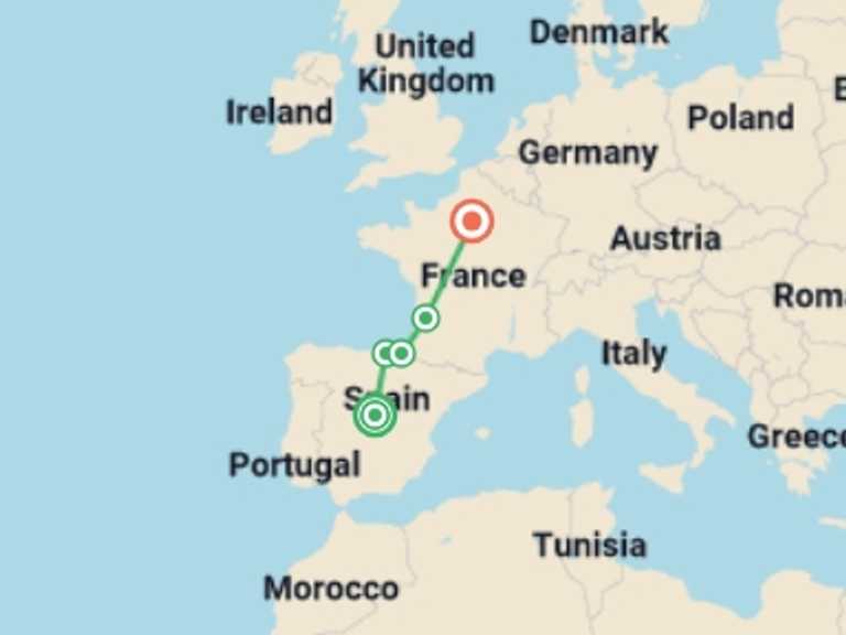 Map itinerary of Bordeaux Tour in February 2026 with 5 destination visits for the trip: Madrid, Basque Country and Paris
