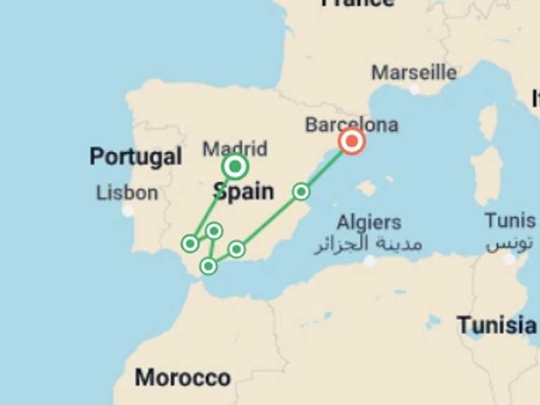 Map itinerary of Spain Tour in February 2026 with 8 destination visits for the trip: The Spanish Journey - 7 days