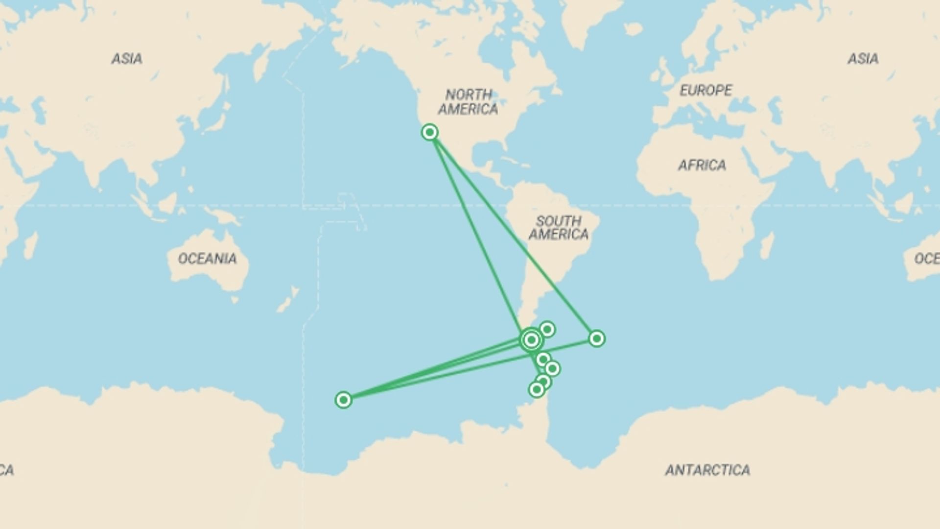 A map showing the tour itinerary for the trip: Extended Falklands, South Georgia & Antarctic Circle (Ocean Albatros), starting in Ushuaia, Argentina and ending in Ushuaia, Argentina going through 8 other destinations.