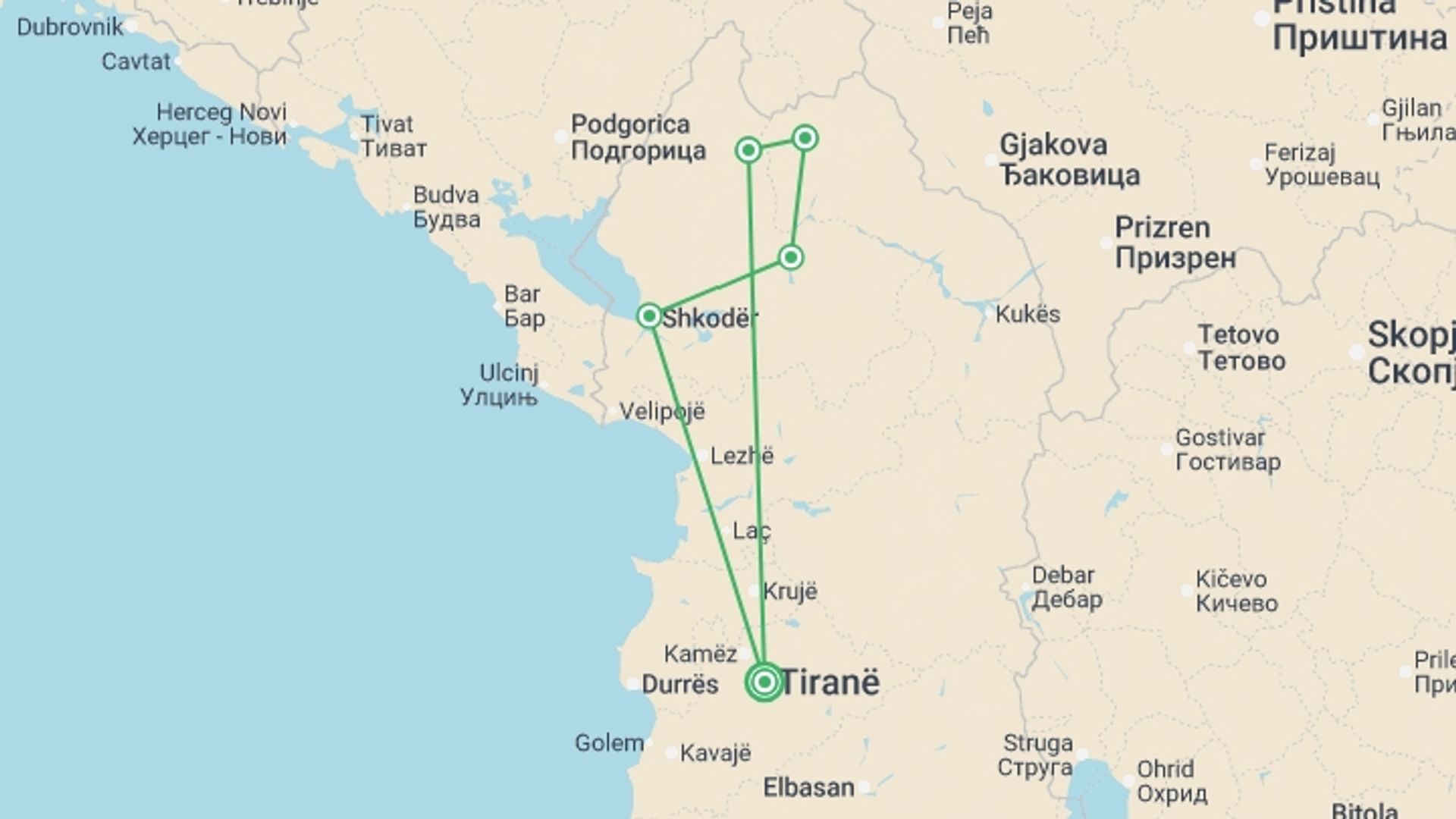A map showing the tour itinerary for the trip: Hiking in the Albanian Alps, starting in Tirana, Albania and ending in Tirana, Albania going through 4 other destinations.