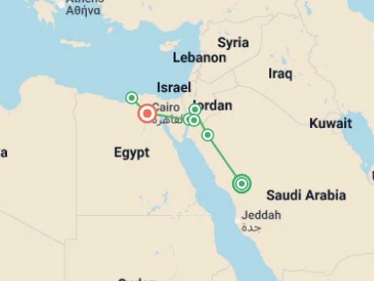 Map of Cairo Art and architecture Tour with 7 destination visits for the trip: Contrasts of Arabia, Jordan, Cairo and Alexandria