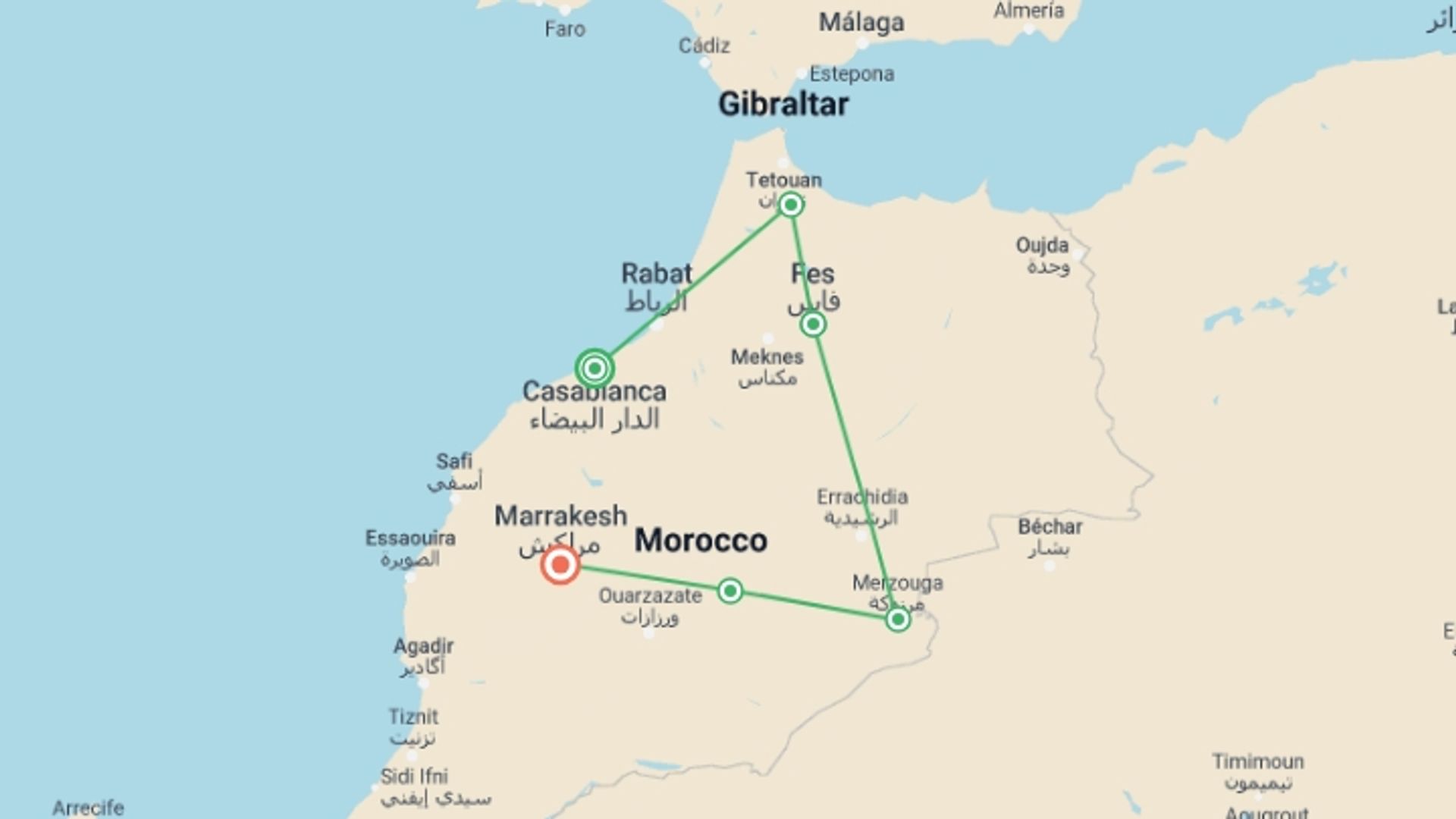 A map showing the tour itinerary for the trip: Eight Day Tour From Casablanca to Marrakech, starting in Casablanca, Morocco and ending in Marrakech, Morocco going through 5 other destinations.