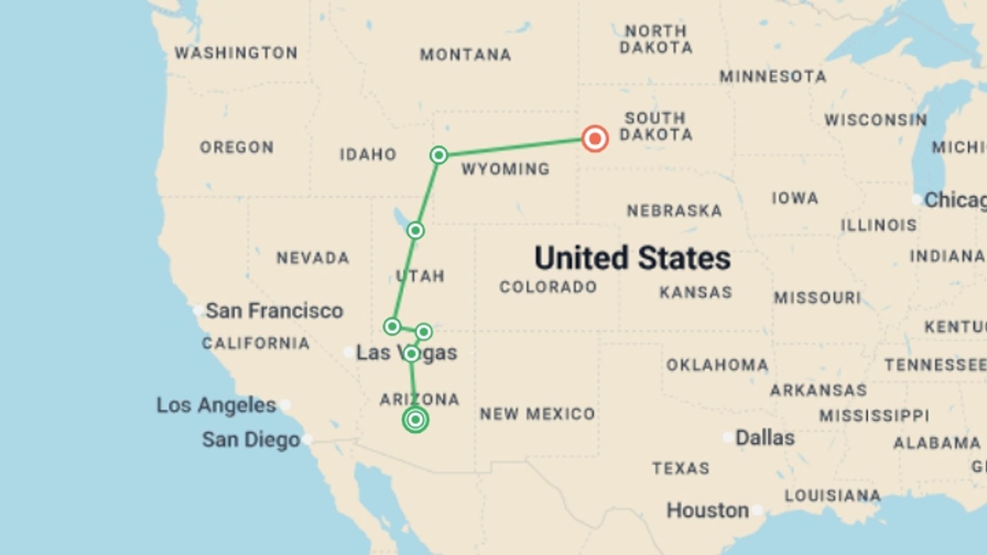 A map showing the tour itinerary for the trip: National Parks of America , starting in Scottsdale, USA and ending in Rapid City, USA going through 7 other destinations.
