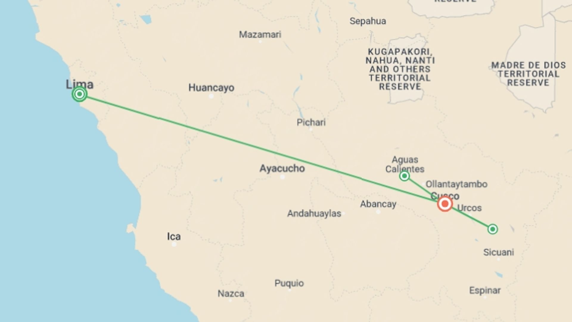 A map showing the tour itinerary for the trip: Shades Of Peru, Private Tour, starting in Lima, Peru and ending in Cusco, Peru going through 0 other destinations.