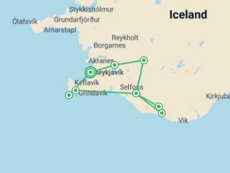 Map itinerary of Reykjavik Tour in Winter with 2 destination visits for the trip: New Years Land Of The Northern Lights - 5 days