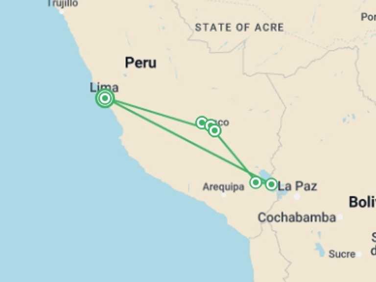 Map of 8-Day Lima Tour with 6 destination visits for the trip: Best Of Peru