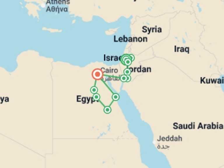 Map of Mediterranean Tour with 11 destination visits for the trip: Jerusalem, Jordan, Secrets of the Nile and Hurghada