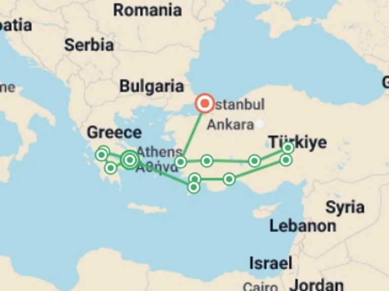 Map itinerary of Kusadasi Tour in June 2026 with 11 destination visits for the trip: Athens, Peloponnese and Turkish Tour