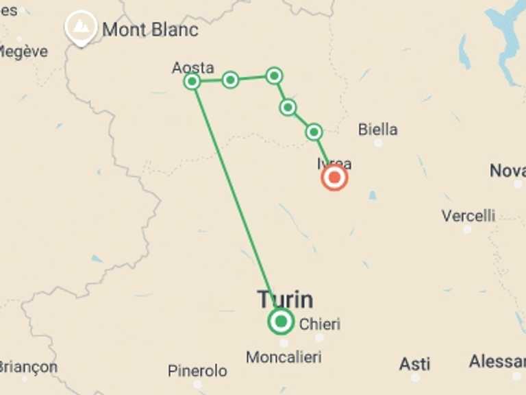 Map of Italy Tour with 8 destination visits for the trip: Via Francigena: Aosta to Ivrea