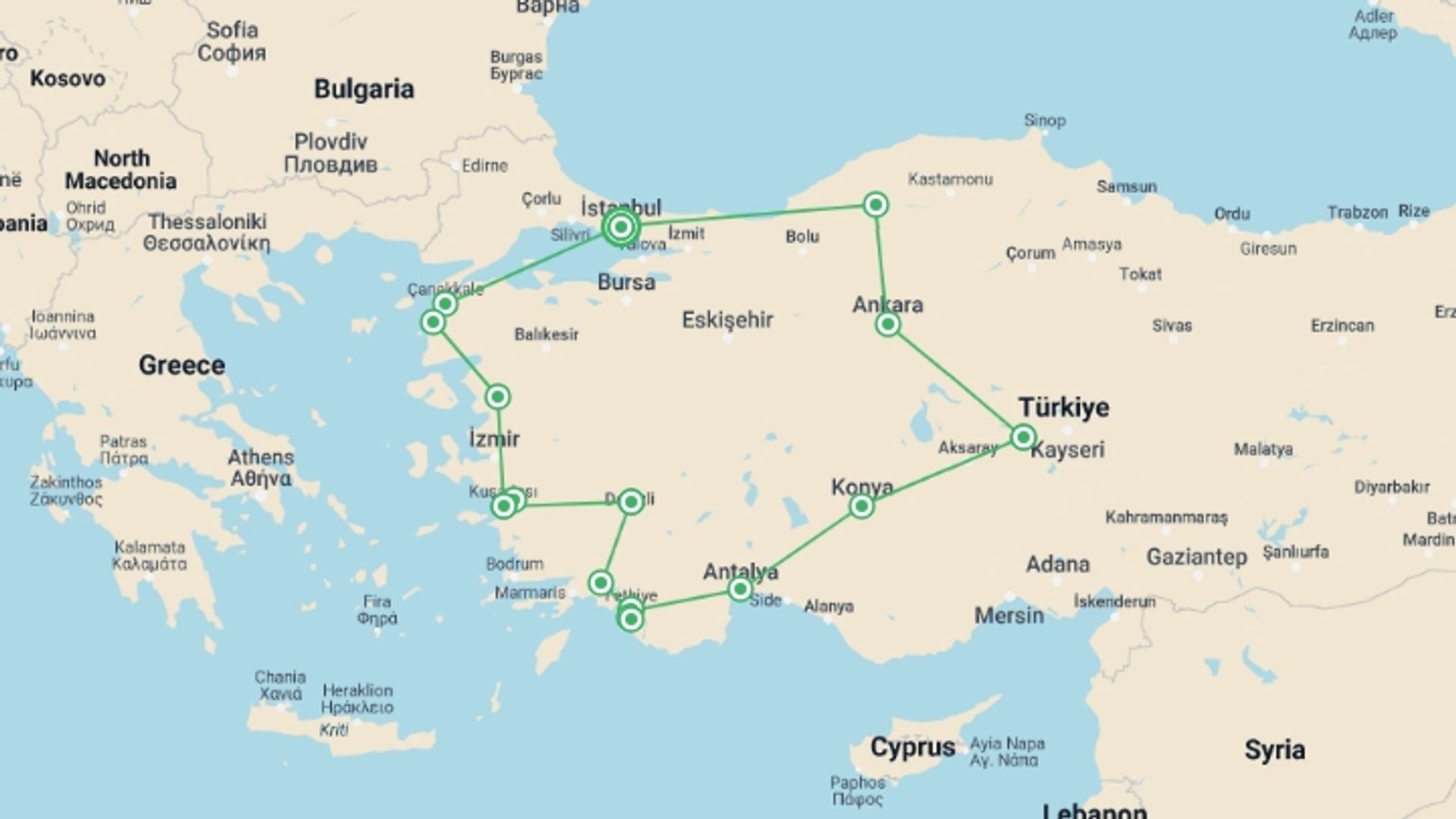 A map showing the tour itinerary for the trip: Glories of Türkiye, starting in Istanbul, Turkey and ending in Safranbolou, Safranbolou going through 8 other destinations.
